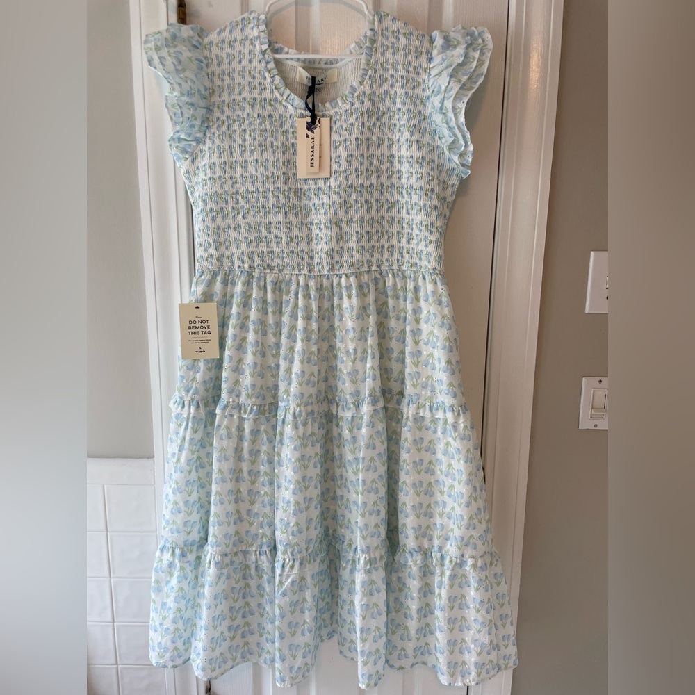 JessaKae Blue and White Smocked midi Sundress with Flutter Sleeves